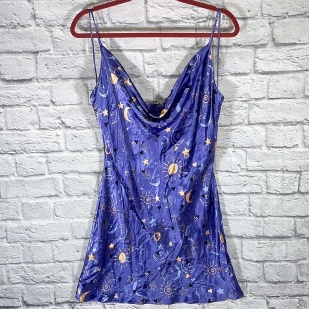NWOT Zara Satin Slip Celestial Moon Star Heart Print Lingerie Draped Sleep Dress